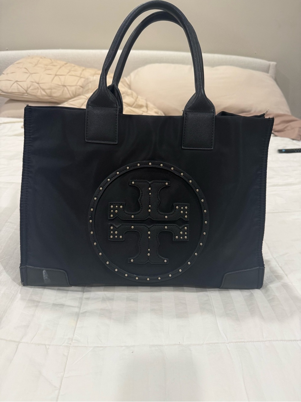 Tory Burch Black Studded Logo Nylon Tote